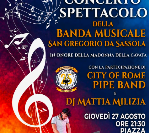 San Gregorio da Sassola, musica e tradizione in piazza Brancaccio: il 27 agosto il concerto spettacolo della Banda Musicale