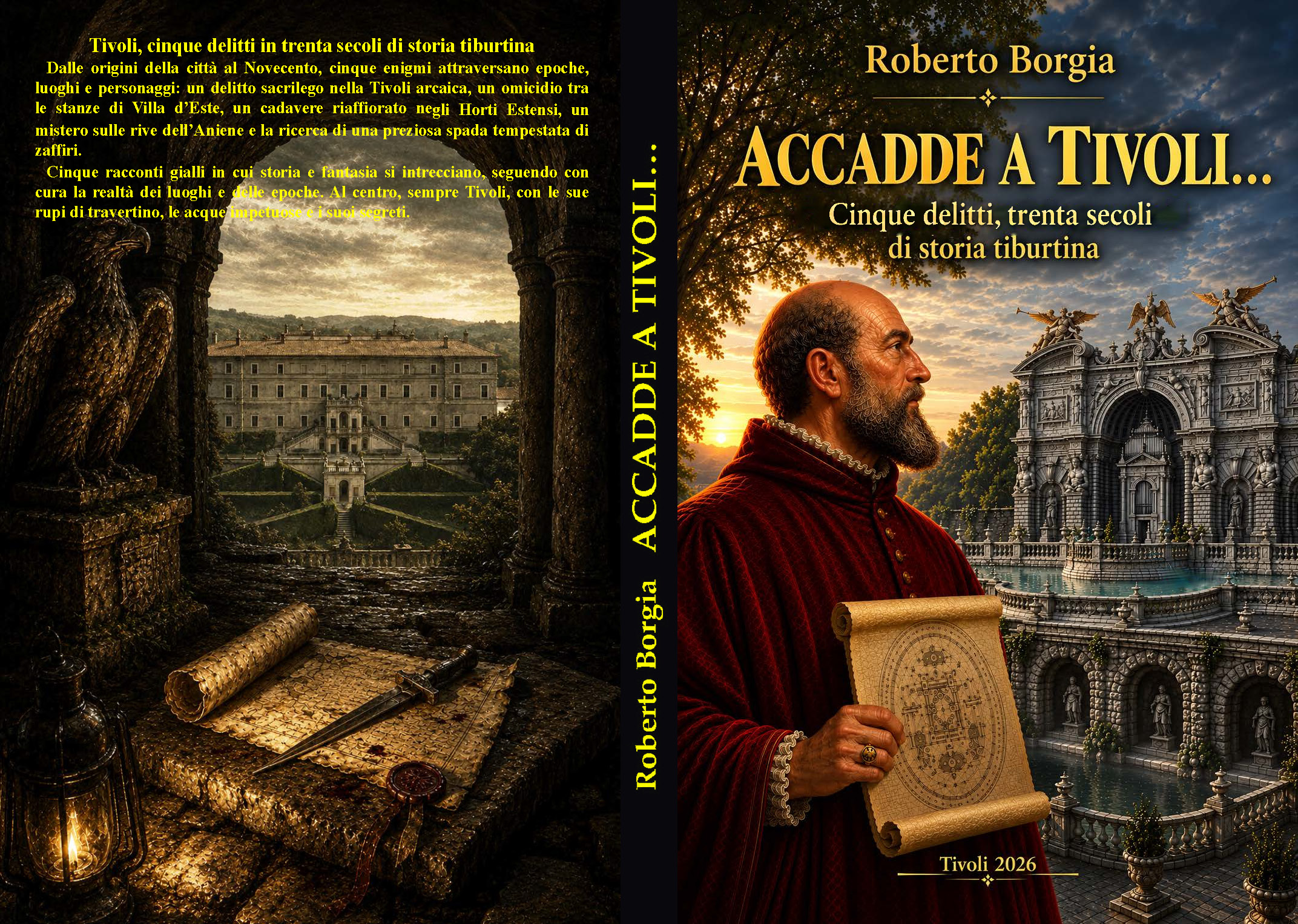 Copertina e quarta di “Accadde a Tivoli” di Roberto Borgia, con un uomo in abiti d’epoca, fontane e antiche pergamene.
