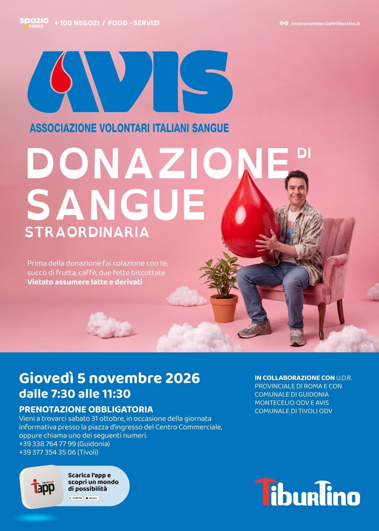 Avis per la donazione di sangue del 5 novembre 2026 al Centro Commerciale Tiburtino.