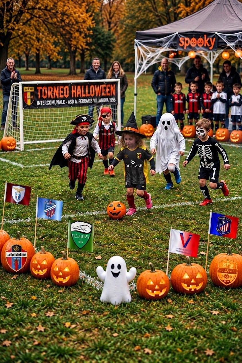 Bambini in costume di Halloween giocano a calcio tra zucche e decorazioni, con uno striscione del Ferraris Villanova.
